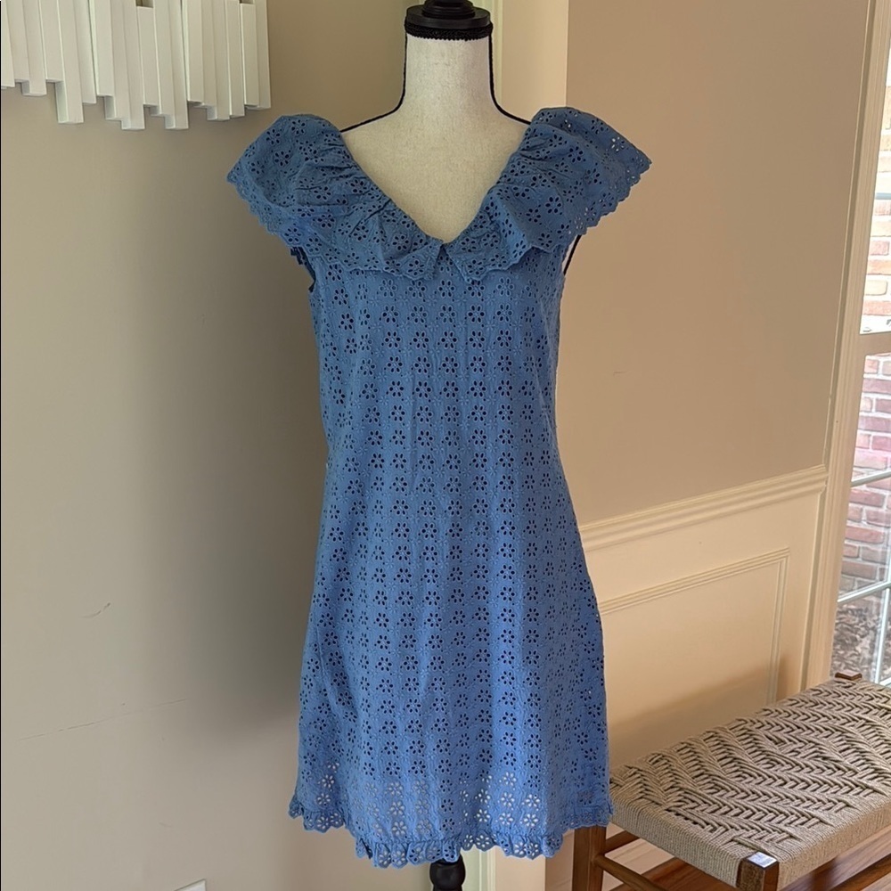 Hatley Periwinkle Blue Eyelet Ruffle Dress 100% Organic Cotton Women's Small